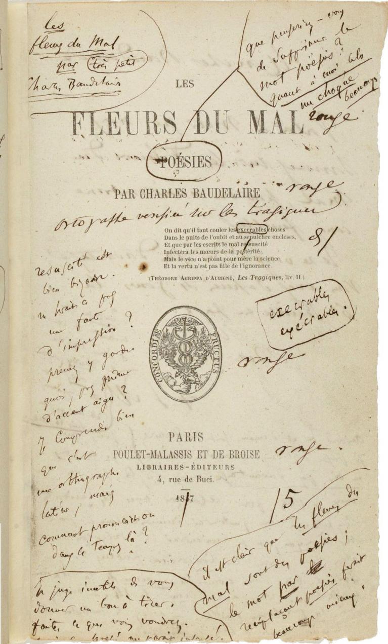 Frontespizio della prima edizione delle "Fleurs du mal" con correzioni autografe di Baudelaire
